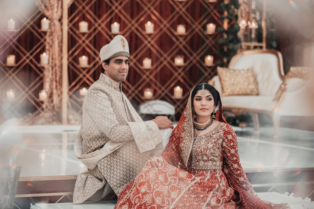 South Asian bride and groom in traditional wedding attire, representing Pakistani rishta and nikah ceremony