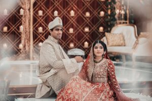 South Asian bride and groom in traditional wedding attire, representing Pakistani rishta and nikah ceremony